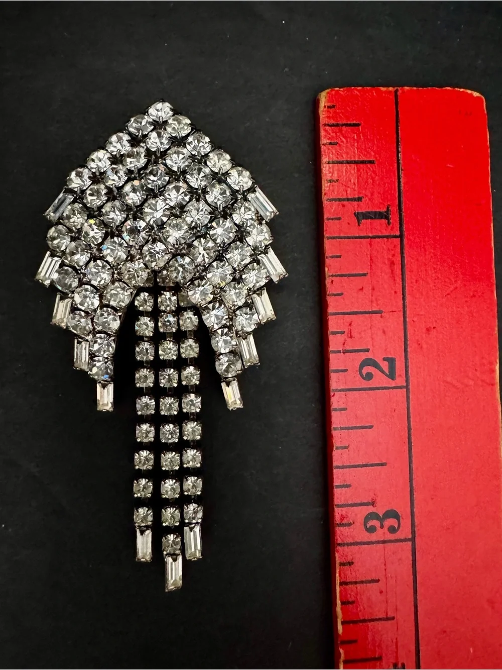 VTG Rhinestone Brooch Domed Pave Crystal Baguette Fringe Tassel Dangle Pin